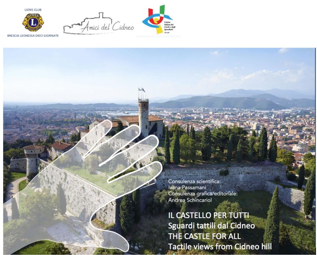 Titolo del progetto "Sguardi tattili dal Cidneo" con loghi degli enti patrocinanti e dei curatori