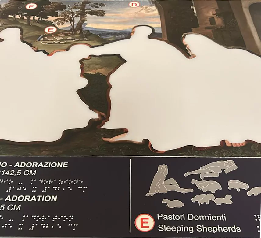 Il dettaglio dell'ingrandimento del focus del pannello tattile dell'Adorazione di Bernardino Licinio (1530) conservato nel Museo Diocesano di Brescia.