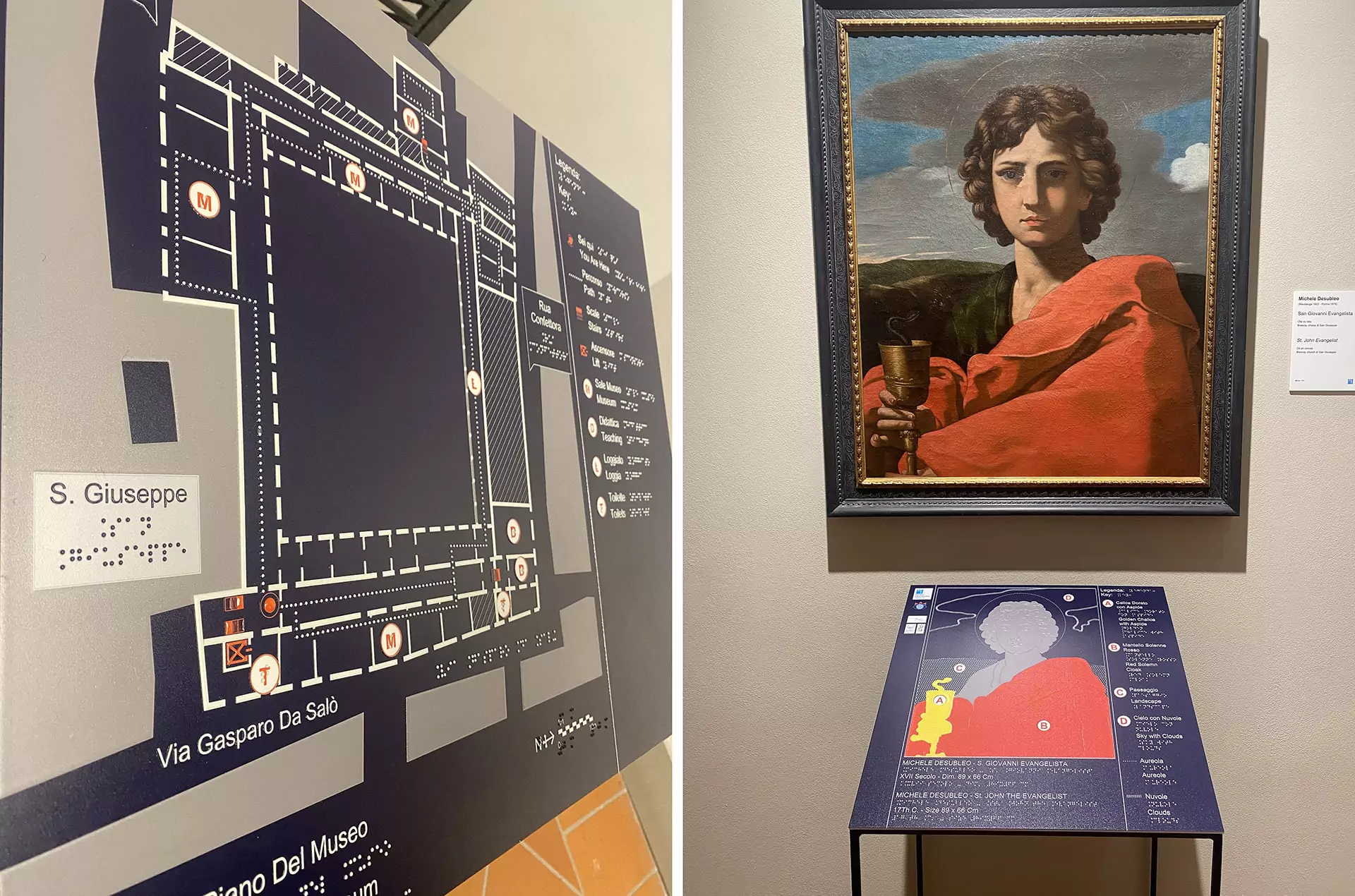 Immagini di due Pannelli Tattili del Museo Diocesano di Brescia. Il primo permette di esplorare la pianta del primo piano con indicati il percorso di visita, le sale museali, le scale e gli ascensori. Il secondo è una rappresentazione tattile a più rilievi e con forti contrasti cromatici di un quadro raffigurante il ritratto di S. Giovanni.